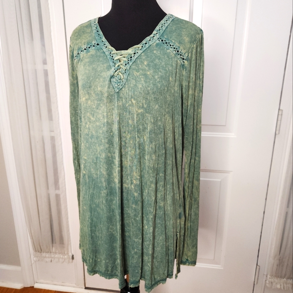 Kori America Green Long Sleeve Bohemian Blouse Tunic‎ Size Small